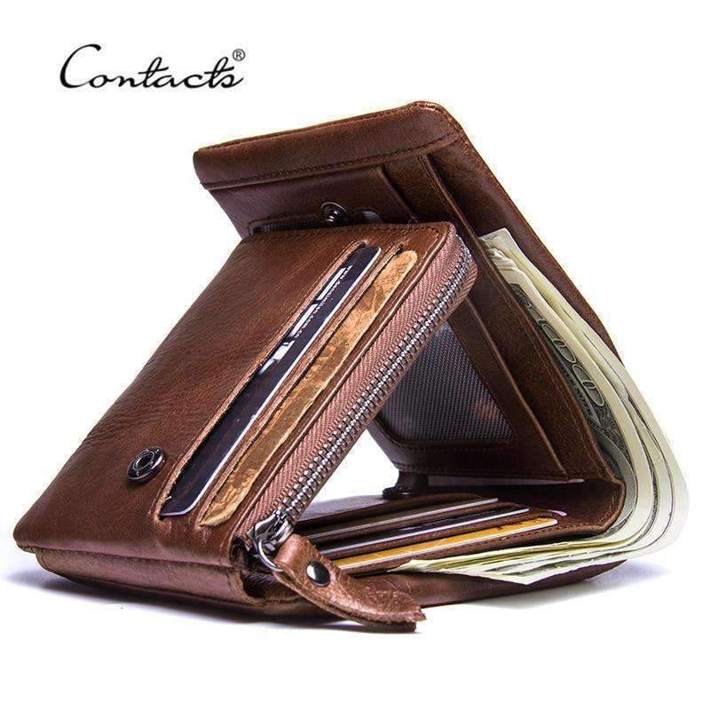 Planet Gates CONTACT'S Genuine Crazy Horse Leather Men Wallets Vintage Trifold Wallet Zip Coin Pocket Purse Cowhide Leather Wallet For Mens
