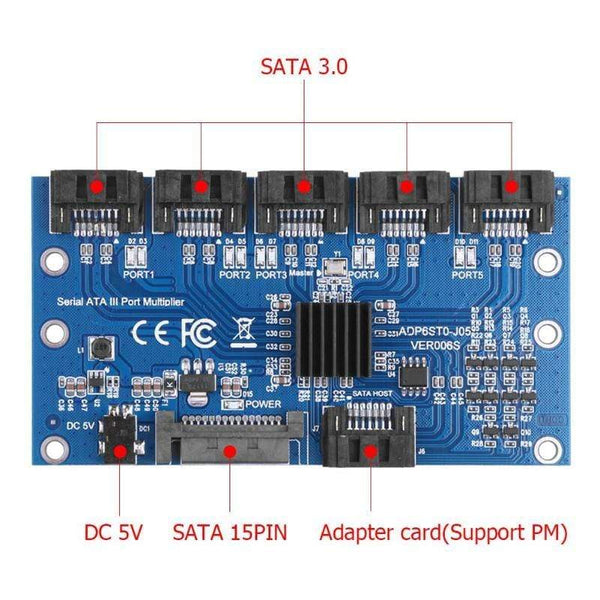 Planet Gates Controller Card Motherboard Sata Expansion Card 1 To 5 Port Sata3.0 6Gbps Multiplier Sata Port Riser Card Adapter For Comp