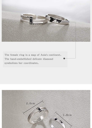 Planet Gates Coordinate N/S s925 Sterling Silver Couple Rings Asia Map Elegant Jewelry for Women Engagement Gift