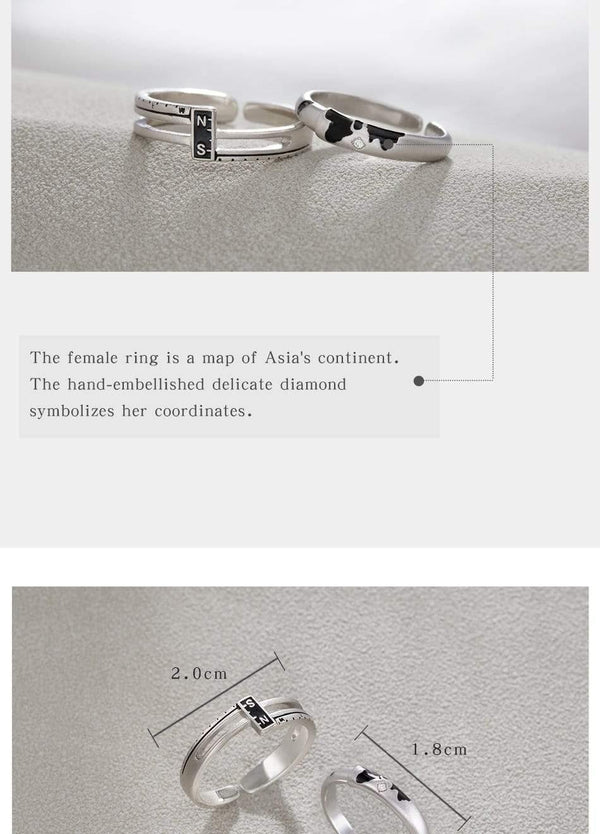 Planet Gates Coordinate N/S s925 Sterling Silver Couple Rings Asia Map Elegant Jewelry for Women Engagement Gift
