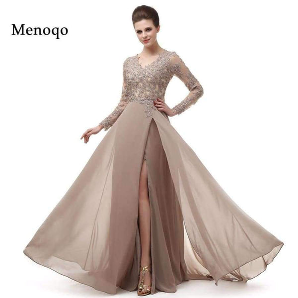 Planet Gates Coral / 6 Long Sleeve A Line V Neck Chiffon Lace Beaded Long Evening Dresses 2018 Robe De Soiree Manche Longue 122416W