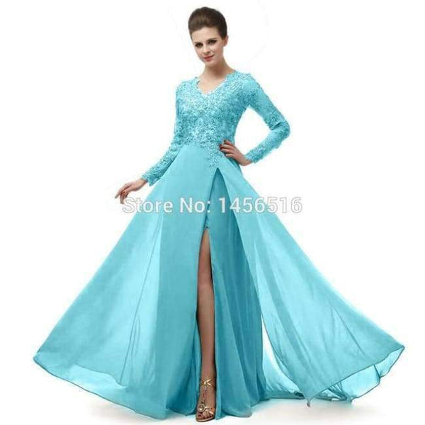 Planet Gates Coral / 6 Long Sleeve A Line V Neck Chiffon Lace Beaded Long Evening Dresses 2018 Robe De Soiree Manche Longue 122416W