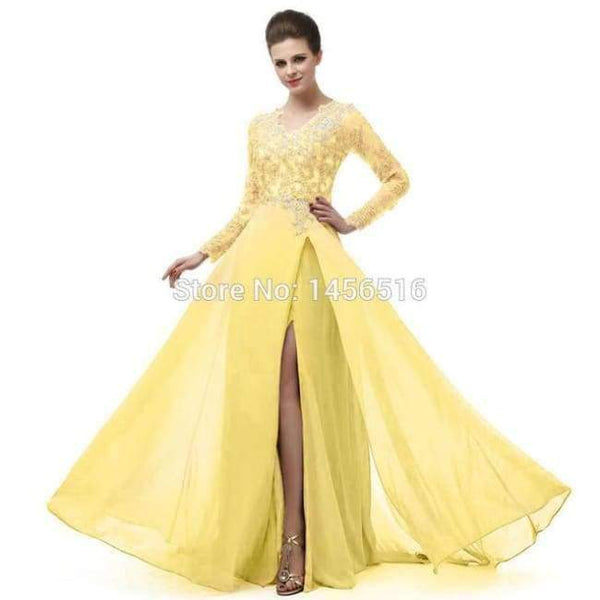 Planet Gates Coral / 6 Long Sleeve A Line V Neck Chiffon Lace Beaded Long Evening Dresses 2018 Robe De Soiree Manche Longue 122416W