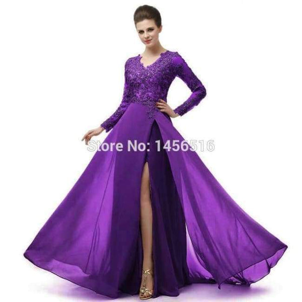 Planet Gates Coral / 6 Long Sleeve A Line V Neck Chiffon Lace Beaded Long Evening Dresses 2018 Robe De Soiree Manche Longue 122416W