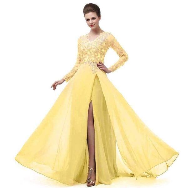 Planet Gates Coral / 6 Long Sleeve A Line V Neck Chiffon Lace Beaded Long Evening Dresses 2018 Robe De Soiree Manche Longue 122416W