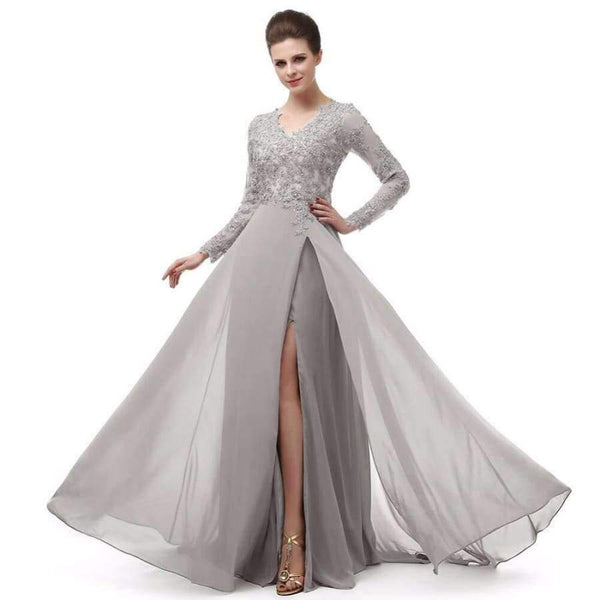 Planet Gates Coral / 6 Long Sleeve A Line V Neck Chiffon Lace Beaded Long Evening Dresses 2018 Robe De Soiree Manche Longue 122416W