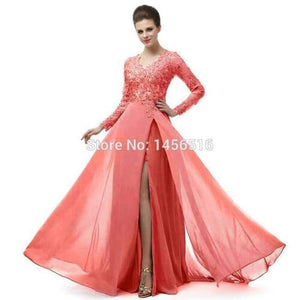 Planet Gates Coral / 6 Long Sleeve A Line V Neck Chiffon Lace Beaded Long Evening Dresses 2018 Robe De Soiree Manche Longue 122416W