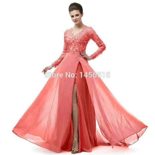Planet Gates Coral / 6 Long Sleeve A Line V Neck Chiffon Lace Beaded Long Evening Dresses 2018 Robe De Soiree Manche Longue 122416W