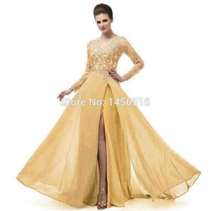 Planet Gates Coral / 6 Long Sleeve A Line V Neck Chiffon Lace Beaded Long Evening Dresses 2018 Robe De Soiree Manche Longue 122416W