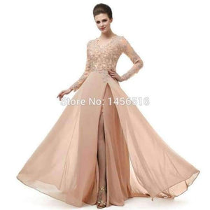 Planet Gates Coral / 6 Long Sleeve A Line V Neck Chiffon Lace Beaded Long Evening Dresses 2018 Robe De Soiree Manche Longue 122416W