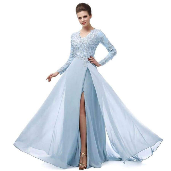 Planet Gates Coral / 6 Long Sleeve A Line V Neck Chiffon Lace Beaded Long Evening Dresses 2018 Robe De Soiree Manche Longue 122416W