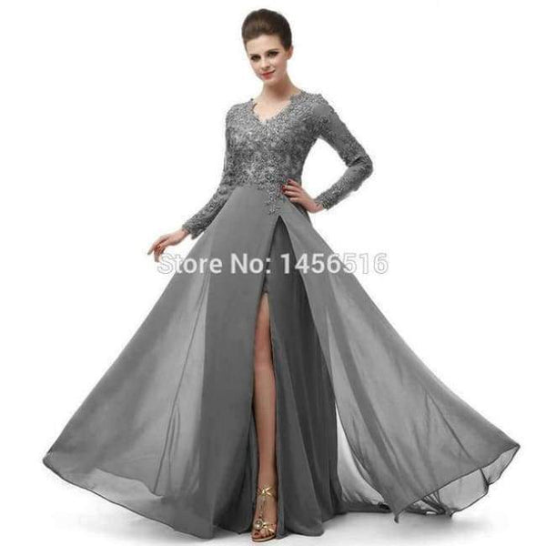 Planet Gates Coral / 6 Long Sleeve A Line V Neck Chiffon Lace Beaded Long Evening Dresses 2018 Robe De Soiree Manche Longue 122416W