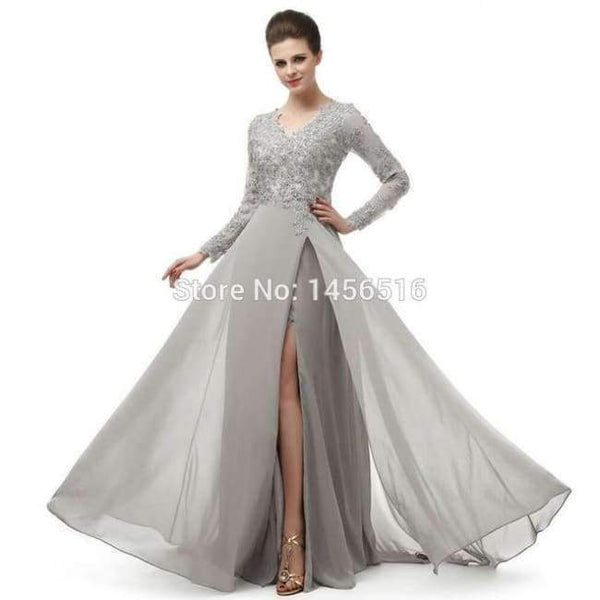 Planet Gates Coral / 6 Long Sleeve A Line V Neck Chiffon Lace Beaded Long Evening Dresses 2018 Robe De Soiree Manche Longue 122416W