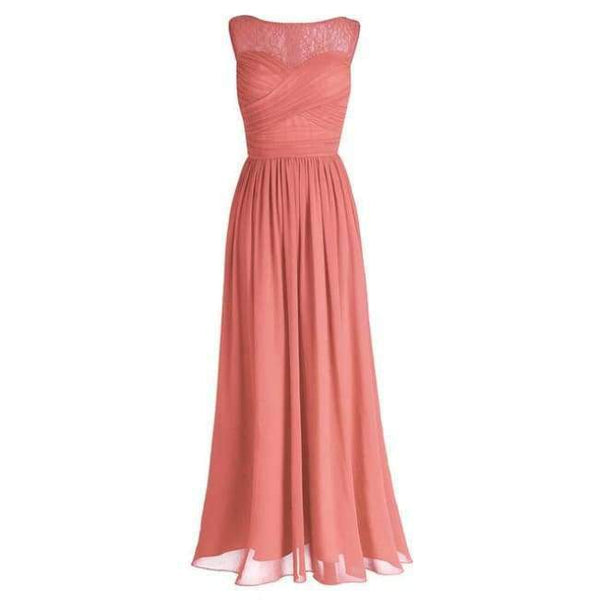 Planet Gates Coral / 6 Women Ladies Chiffon Empire Lace Bridesmaid Dress Prom Gown Sleeveless A-Line Pleated Padded Long Wedding Party Dresses