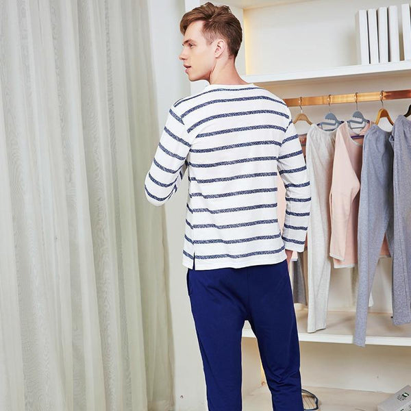 Planet Gates Cotton Spring and Autumn Male Sleepwear Long-Sleeve O-Neck Pullover Striped Lounge Sleep Set