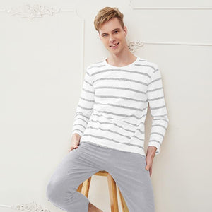 Planet Gates Cotton Spring and Autumn Male Sleepwear Long-Sleeve O-Neck Pullover Striped Lounge Sleep Set