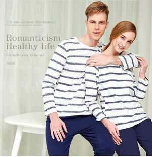 Planet Gates Cotton Spring and Autumn Male Sleepwear Long-Sleeve O-Neck Pullover Striped Lounge Sleep Set