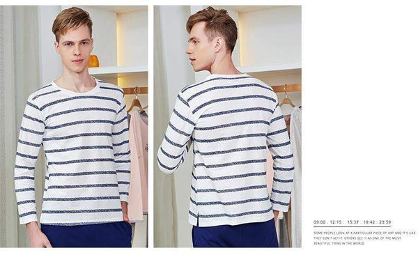 Planet Gates Cotton Spring and Autumn Male Sleepwear Long-Sleeve O-Neck Pullover Striped Lounge Sleep Set
