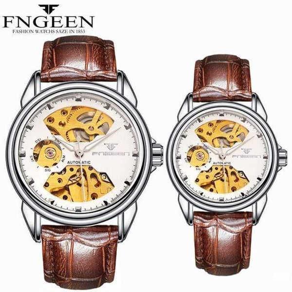 Planet Gates Couple L SilverWhite Skeleton Wristwatch for Women Horloge 30M Waterproof Steel Automatic Watch for Men Clock Lover's Watches