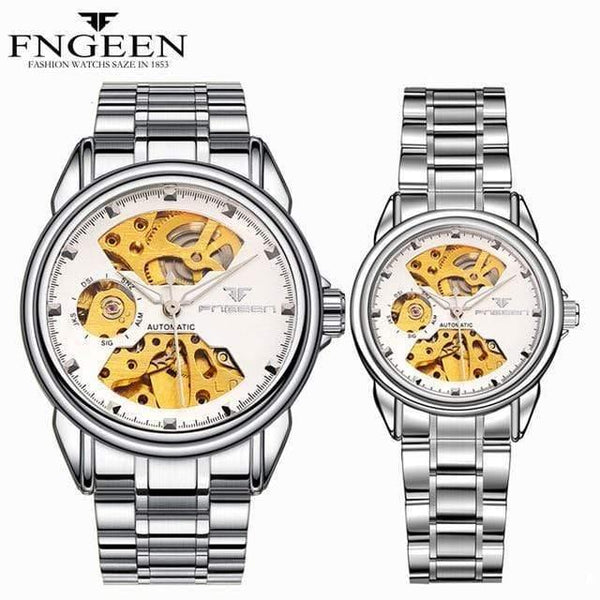 Planet Gates Couple Silver White Skeleton Wristwatch for Women Horloge 30M Waterproof Steel Automatic Watch for Men Clock Lover's Watches