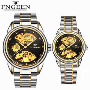 Planet Gates Couple Two-toneBlack Skeleton Wristwatch for Women Horloge 30M Waterproof Steel Automatic Watch for Men Clock Lover's Watches