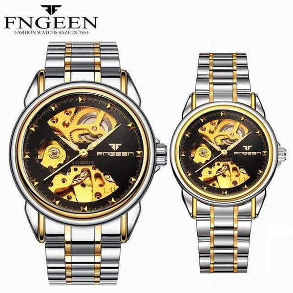 Planet Gates Couple Two-toneBlack Skeleton Wristwatch for Women Horloge 30M Waterproof Steel Automatic Watch for Men Clock Lover's Watches