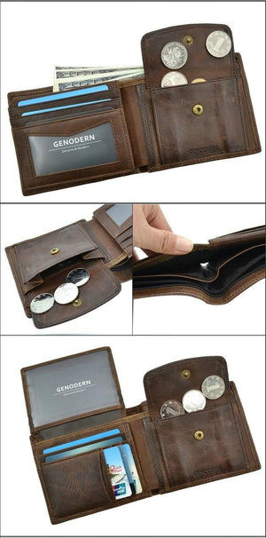 Planet Gates Cow Leather Men Wallets with Coin Pocket Vintage Male Purse Function Brown Genuine Leather Men Wallet with Card Holders