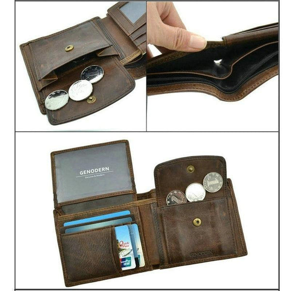 Planet Gates Cow Leather Men Wallets with Coin Pocket Vintage Male Purse Function Brown Genuine Leather Men Wallet with Card Holders