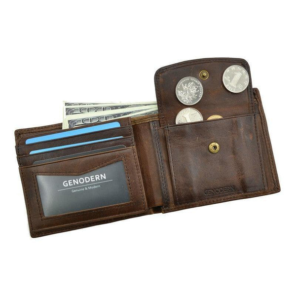 Planet Gates Cow Leather Men Wallets with Coin Pocket Vintage Male Purse Function Brown Genuine Leather Men Wallet with Card Holders