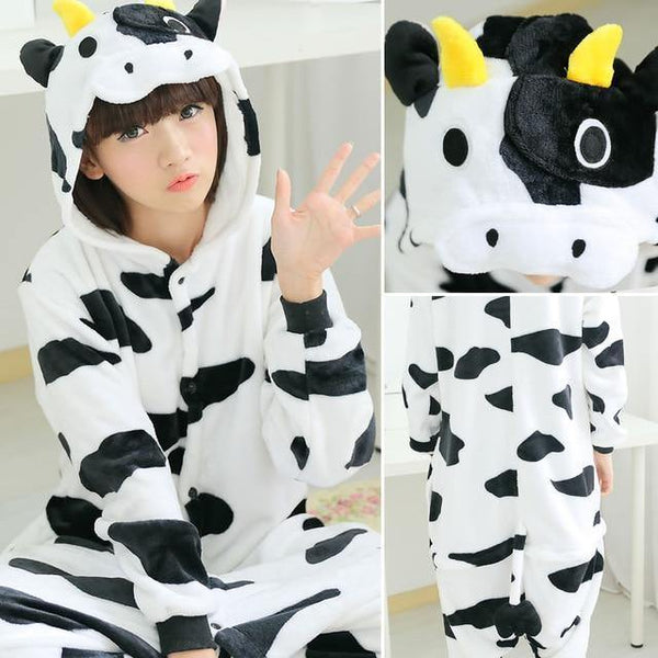 Planet Gates Cow / S Animal Pajamas Flannel Winter Women Men Unicorn Stitch Panda Pikachu Onesie Sleep lounge Sleepwear