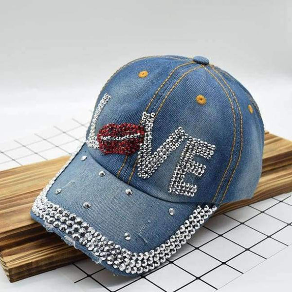 Planet Gates Cowboy blue / Adjustable Mouth LOVE Rhinestone Denim Baseball Cap Good Quality Skull Outdoor Sports Snapback Hats For Men Women 2018 Wholesale Brand