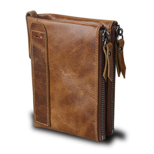 Planet Gates Crazy Horse Genuine Leather Men Wallets Credit Business Card Holders Double Zipper Cowhide Leather Wallet Purse Carteira