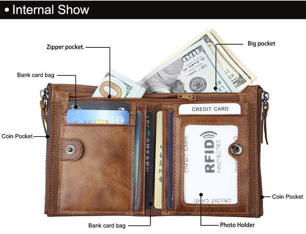 Planet Gates Crazy Horse Genuine Leather Men Wallets Credit Business Card Holders Double Zipper Cowhide Leather Wallet Purse Carteira