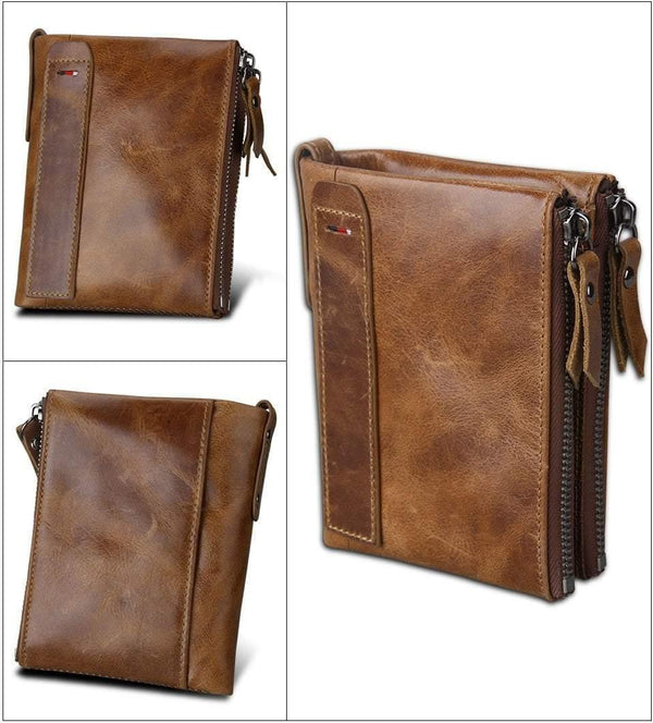 Planet Gates Crazy Horse Genuine Leather Men Wallets Credit Business Card Holders Double Zipper Cowhide Leather Wallet Purse Carteira