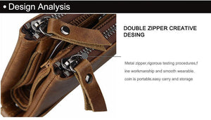 Planet Gates Crazy Horse Genuine Leather Men Wallets Credit Business Card Holders Double Zipper Cowhide Leather Wallet Purse Carteira