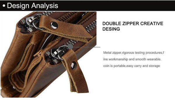 Planet Gates Crazy Horse Genuine Leather Men Wallets Credit Business Card Holders Double Zipper Cowhide Leather Wallet Purse Carteira