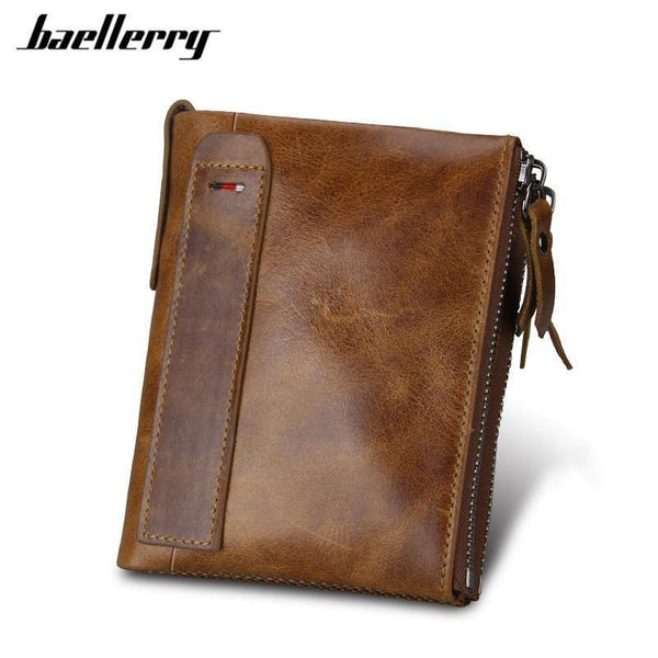 Planet Gates Crazy Horse Genuine Leather Men Wallets Credit Business Card Holders Double Zipper Cowhide Leather Wallet Purse Carteira