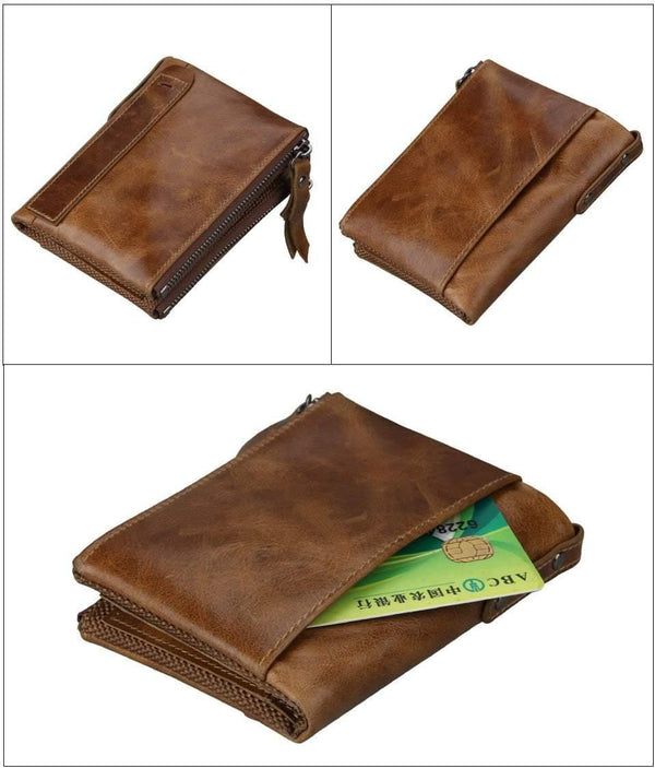 Planet Gates Crazy Horse Genuine Leather Men Wallets Credit Business Card Holders Double Zipper Cowhide Leather Wallet Purse Carteira