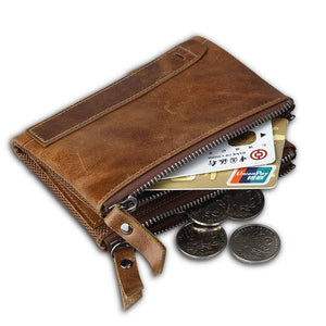 Planet Gates Crazy Horse Genuine Leather Men Wallets Credit Business Card Holders Double Zipper Cowhide Leather Wallet Purse Carteira