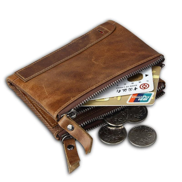 Planet Gates Crazy Horse Genuine Leather Men Wallets Credit Business Card Holders Double Zipper Cowhide Leather Wallet Purse Carteira
