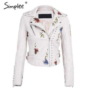 Planet Gates Creamy White / S Embroidery floral faux leather jacket White basic jackets outerwear coats Women casual autumn winter jacket female coat