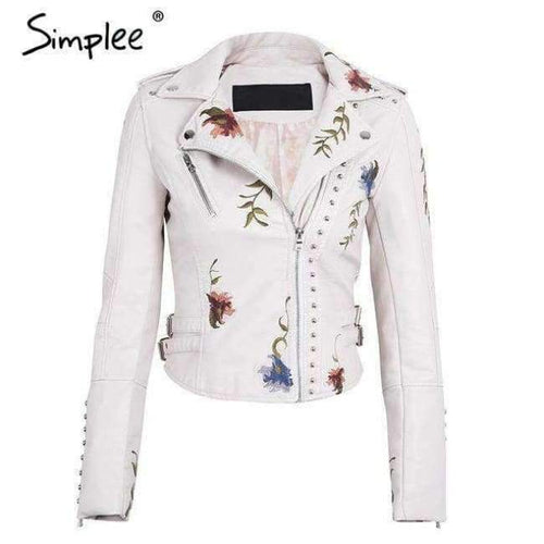 Planet Gates Creamy White / S Embroidery floral faux leather jacket White basic jackets outerwear coats Women casual autumn winter jacket female coat