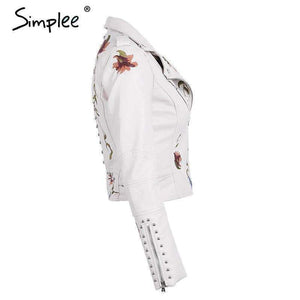 Planet Gates Creamy White / S Embroidery floral faux leather jacket White basic jackets outerwear coats Women casual autumn winter jacket female coat