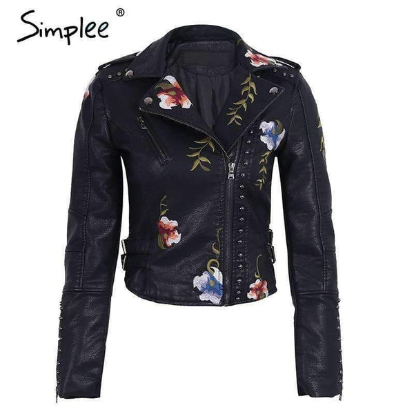 Planet Gates Creamy White / S Embroidery floral faux leather jacket White basic jackets outerwear coats Women casual autumn winter jacket female coat