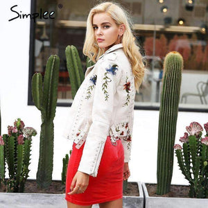 Planet Gates Creamy White / S Embroidery floral faux leather jacket White basic jackets outerwear coats Women casual autumn winter jacket female coat