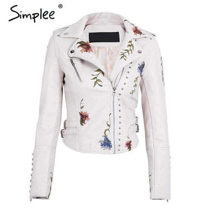 Planet Gates Creamy White / S Embroidery floral faux leather jacket White basic jackets outerwear coats Women casual autumn winter jacket female coat