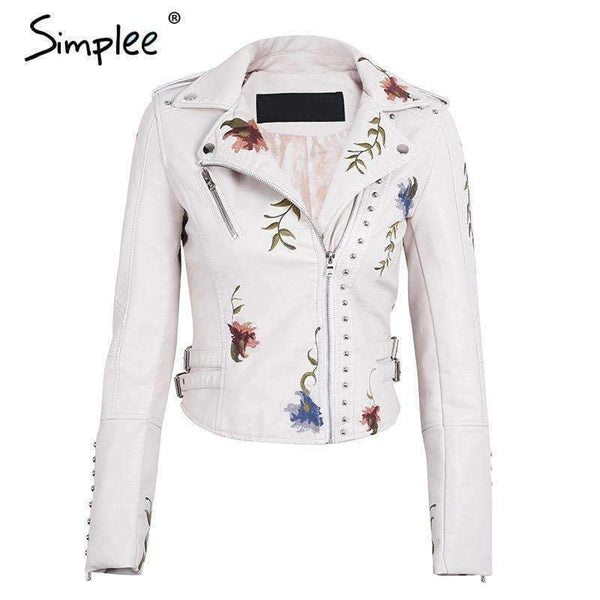 Planet Gates Creamy White / S Embroidery floral faux leather jacket White basic jackets outerwear coats Women casual autumn winter jacket female coat