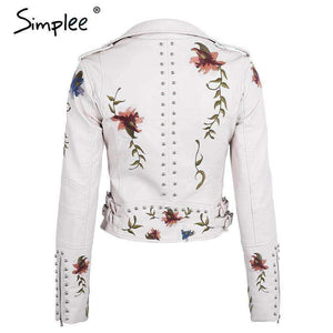 Planet Gates Creamy White / S Embroidery floral faux leather jacket White basic jackets outerwear coats Women casual autumn winter jacket female coat
