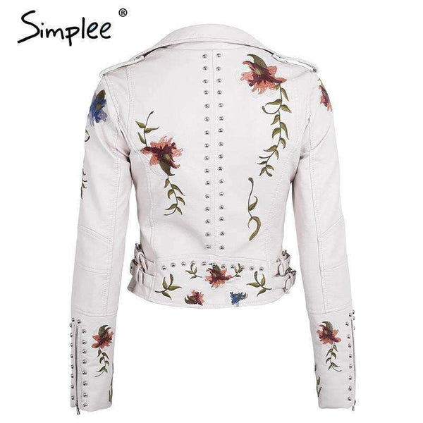 Planet Gates Creamy White / S Embroidery floral faux leather jacket White basic jackets outerwear coats Women casual autumn winter jacket female coat