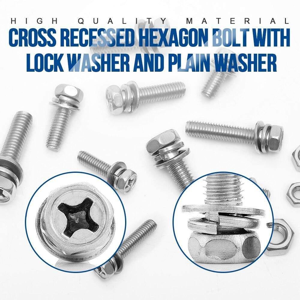 Cross Recessed Phillips Hex Head Screw Nut And Washer Three Sems Screw Set Kit M4 M5 M6 Stainless Steel Three Combination Thread